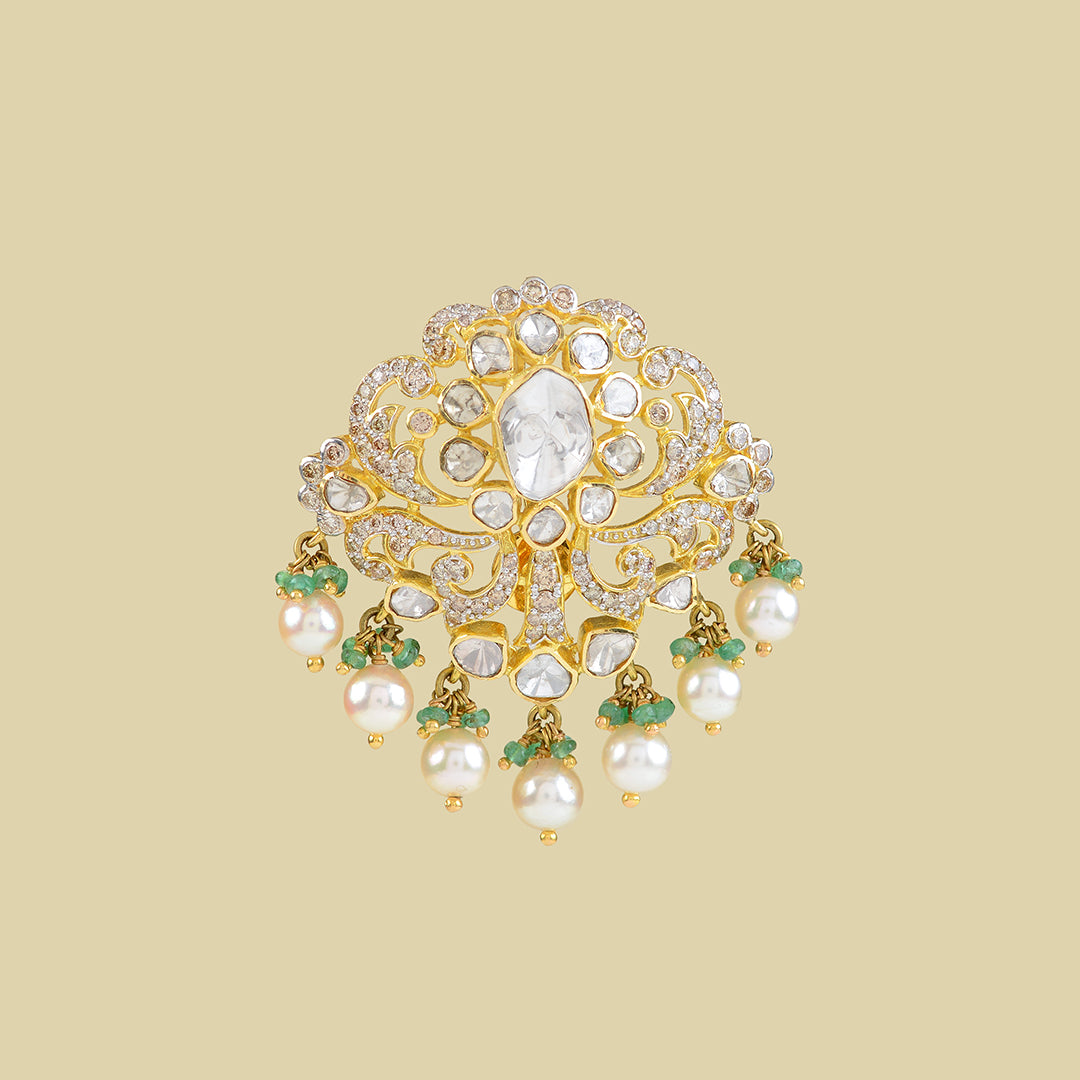 18k Gold Polki Emerald Pearls Pendant - Krishna Jewellers Pearls and Gems