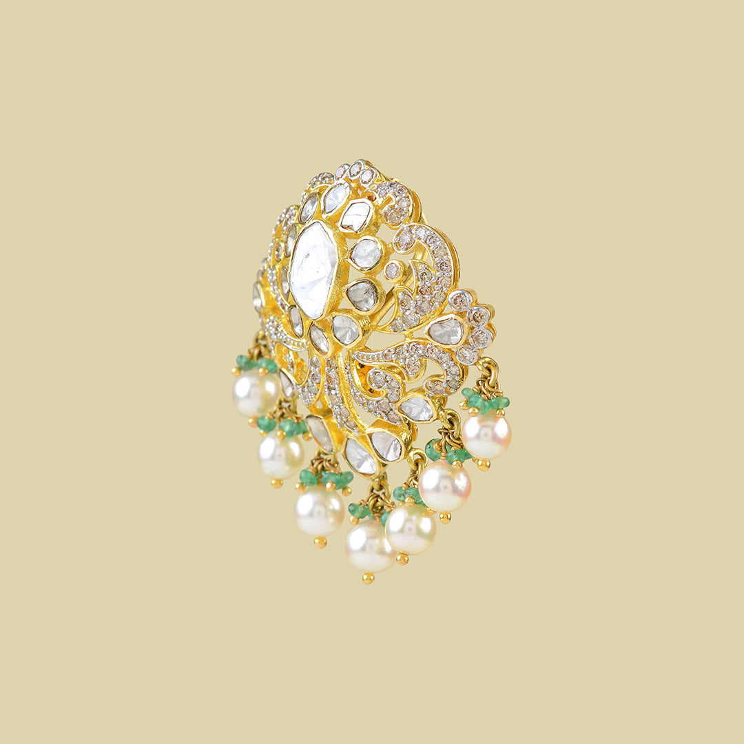 18k Gold Polki Emerald Pearls Pendant - Krishna Jewellers Pearls and Gems