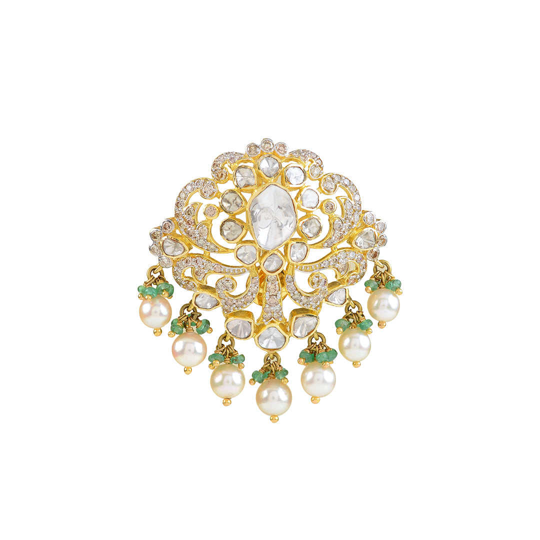 18k Gold Polki Emerald Pearls Pendant - Krishna Jewellers Pearls and Gems
