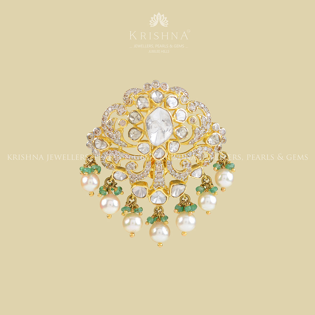 18k Gold Polki Emerald Pearls Pendant - Krishna Jewellers Pearls and Gems