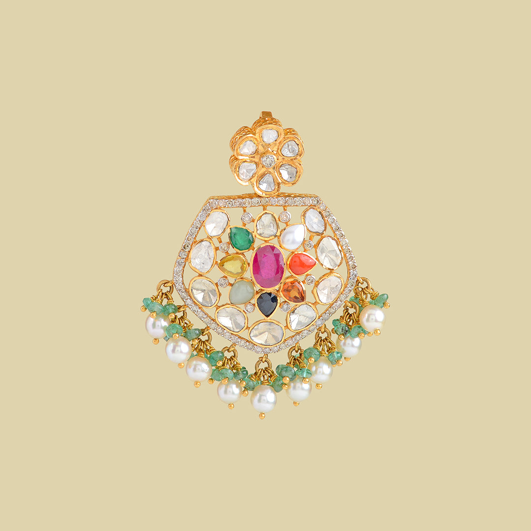 22k Gold Navaratan Polki Pendant - Krishna Jewellers Pearls and Gems
