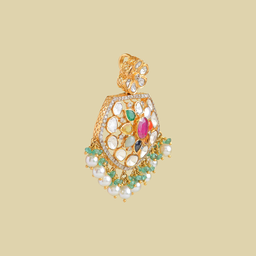 22k Gold Navaratan Polki Pendant - Krishna Jewellers Pearls and Gems