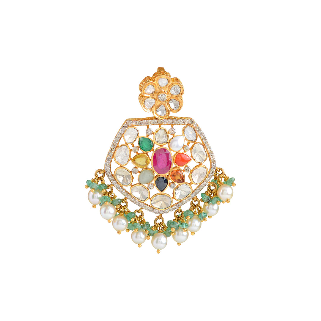 22k Gold Navaratan Polki Pendant - Krishna Jewellers Pearls and Gems