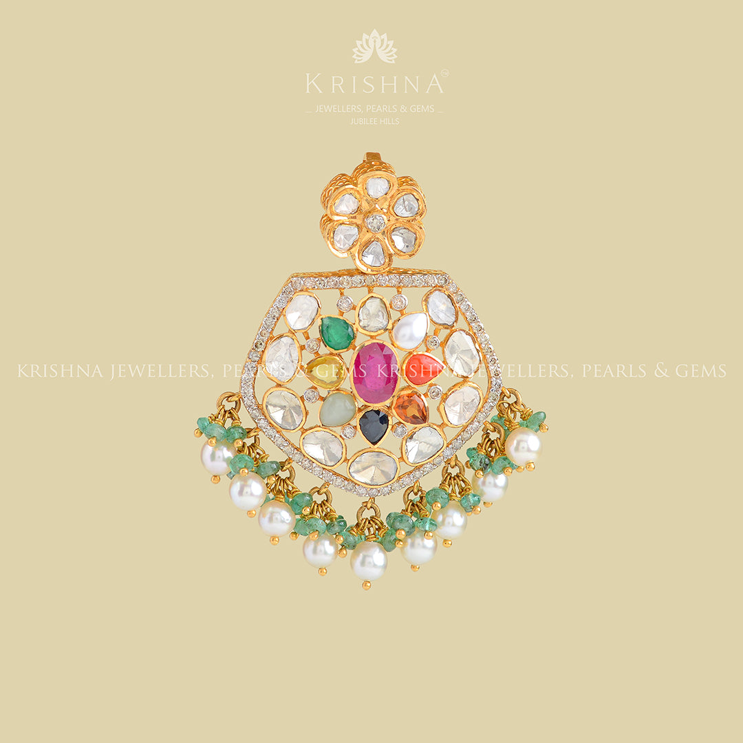 22k Gold Navaratan Polki Pendant - Krishna Jewellers Pearls and Gems