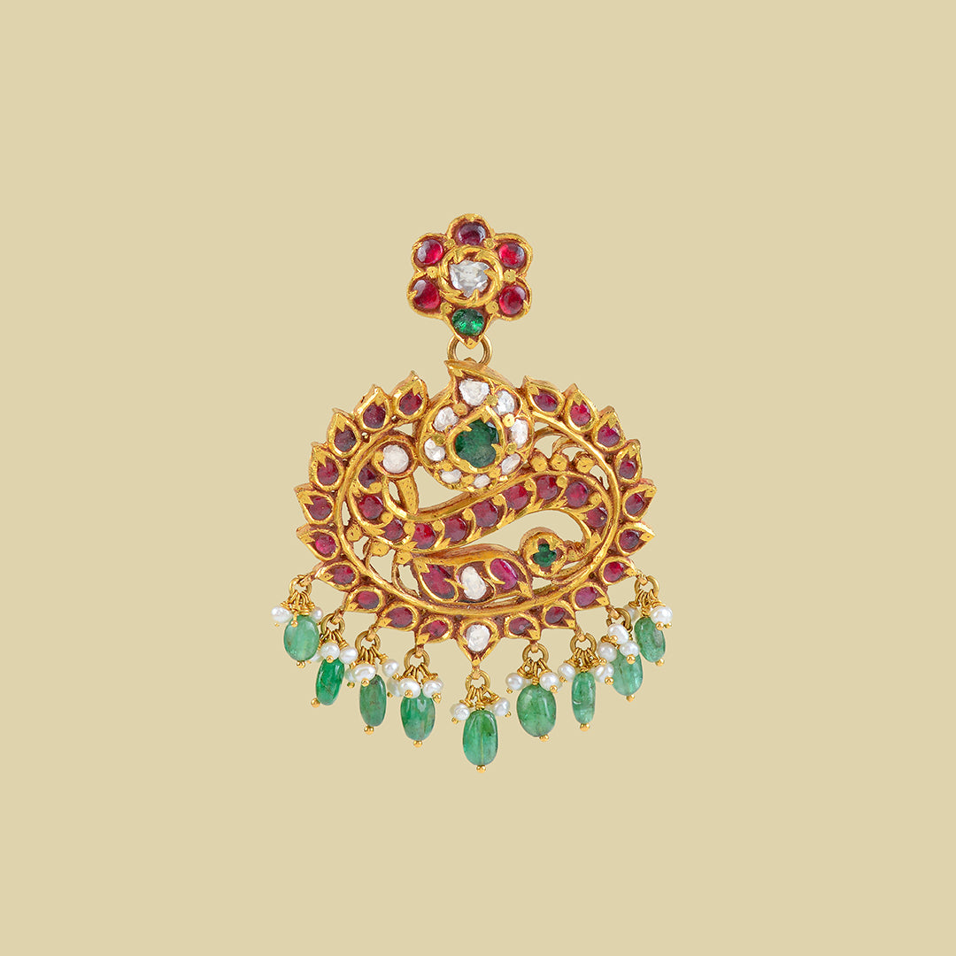 22k Rose Cut Polki Emerald Pendant - Krishna Jewellers Pearls and Gems