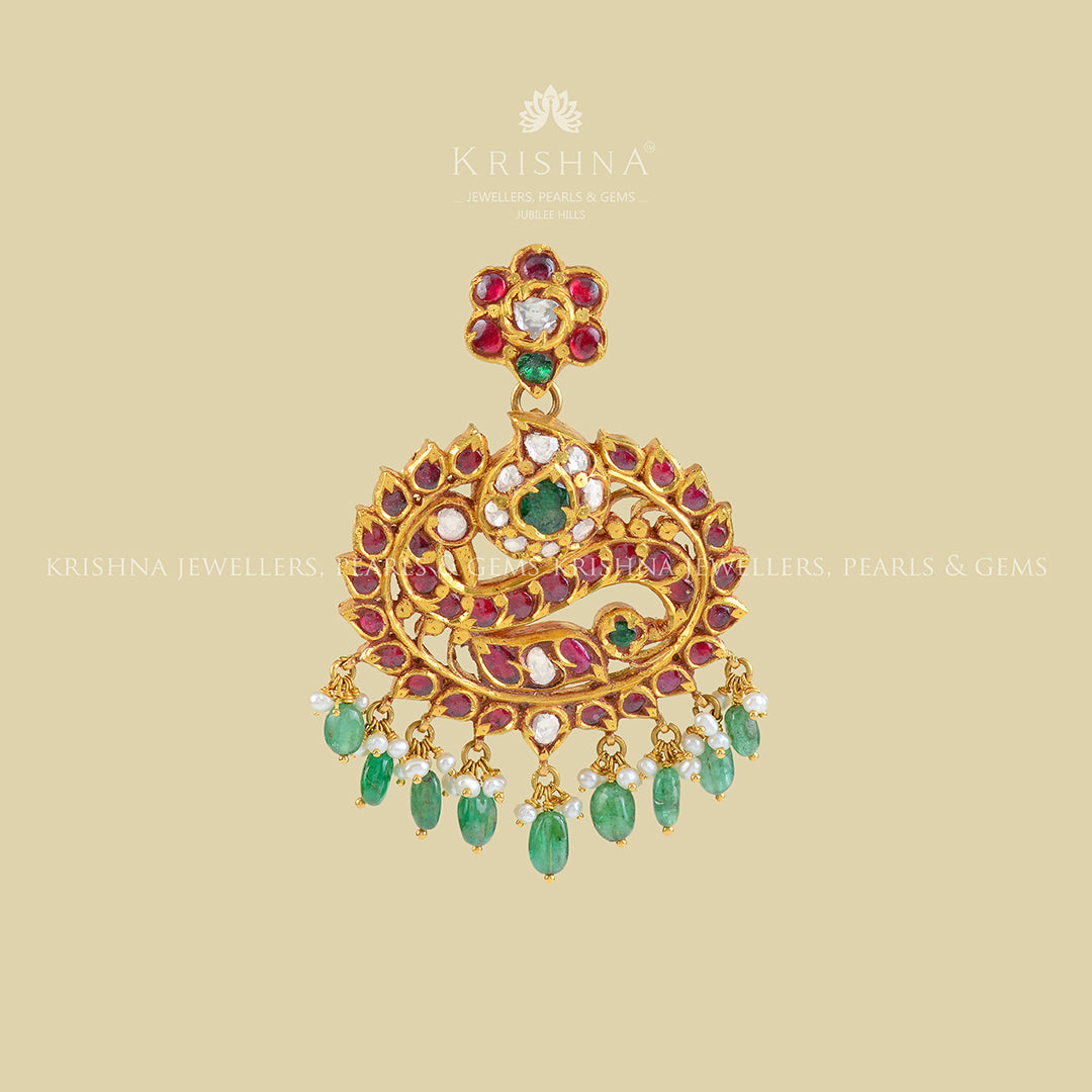 22k Rose Cut Polki Emerald Pendant - Krishna Jewellers Pearls and Gems