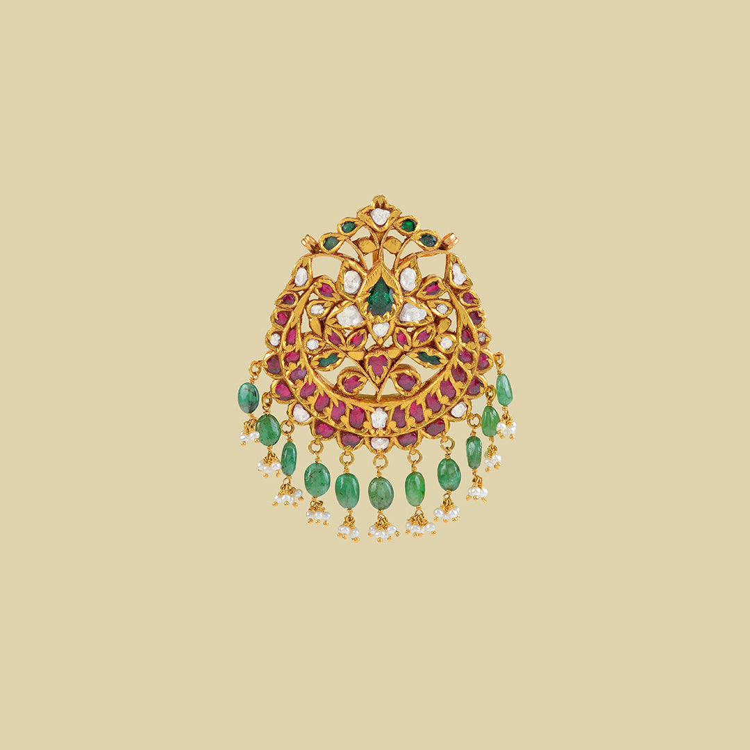 22k Gold Kundan Ruby Emerald Pendant - Krishna Jewellers Pearls and Gems