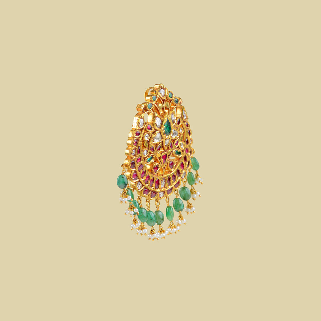 22k Gold Kundan Ruby Emerald Pendant - Krishna Jewellers Pearls and Gems