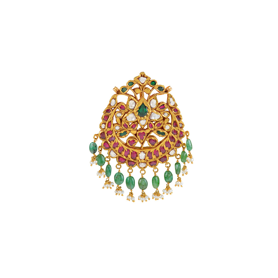22k Gold Kundan Ruby Emerald Pendant - Krishna Jewellers Pearls and Gems