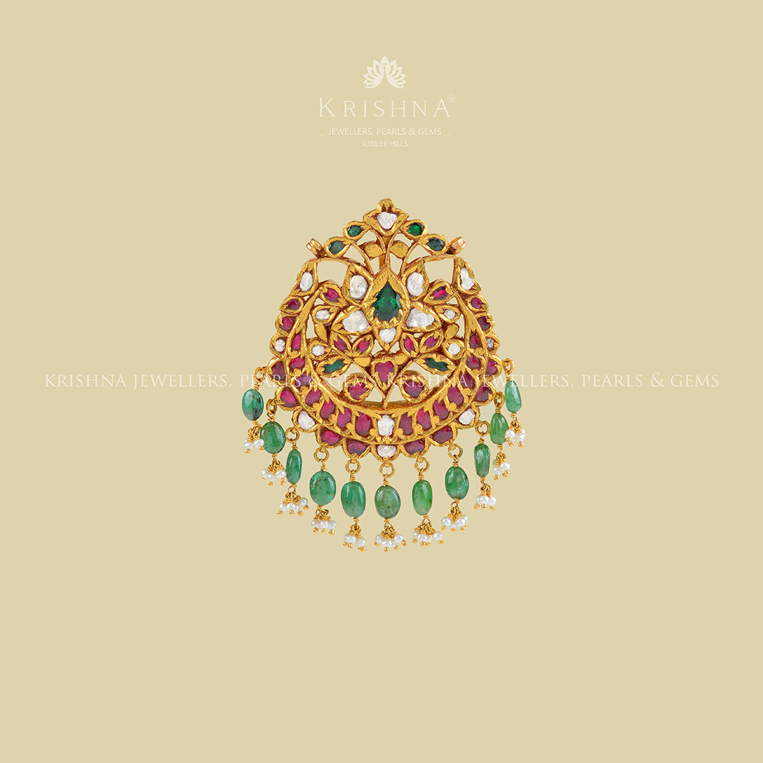 22k Gold Kundan Ruby Emerald Pendant - Krishna Jewellers Pearls and Gems