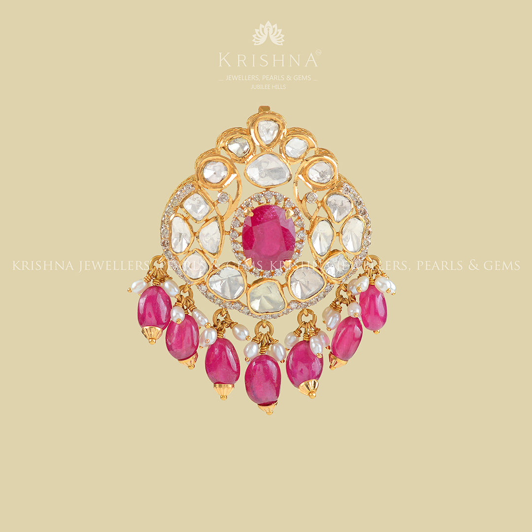 22k Gold Ruby Beads Pendant - Krishna Jewellers Pearls and Gems