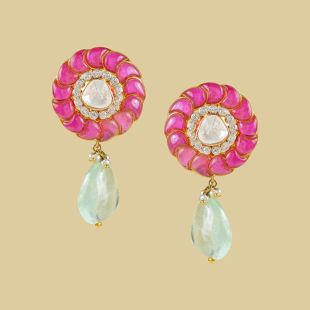 18k Ruby Polki Emerald Studs - Krishna Jewellers Pearls and Gems