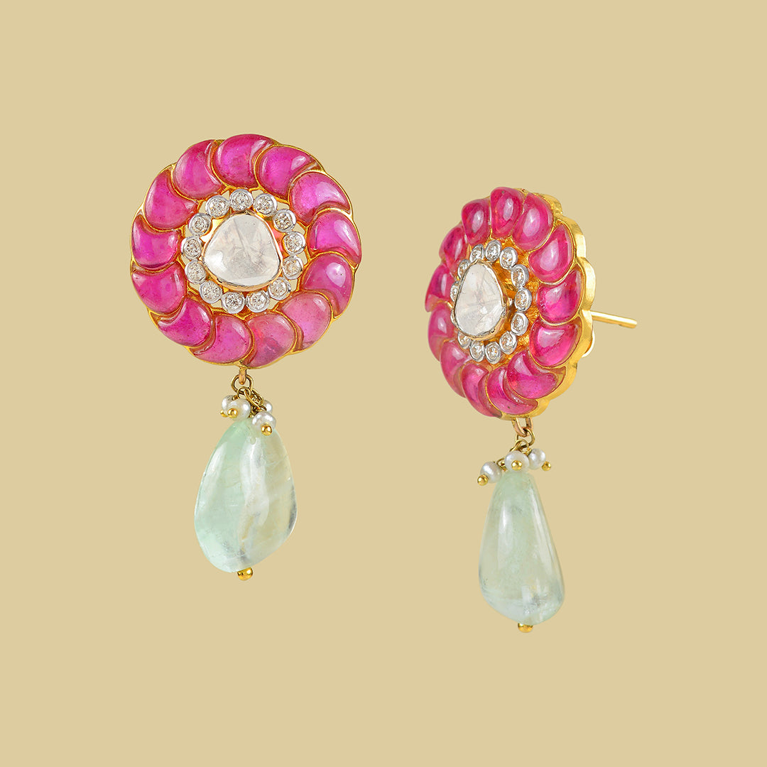 18k Ruby Polki Emerald Studs - Krishna Jewellers Pearls and Gems