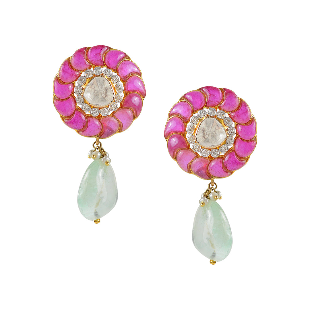 18k Ruby Polki Emerald Studs - Krishna Jewellers Pearls and Gems