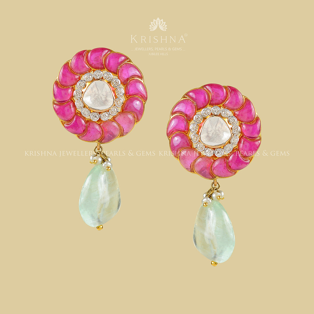 18k Ruby Polki Emerald Studs - Krishna Jewellers Pearls and Gems