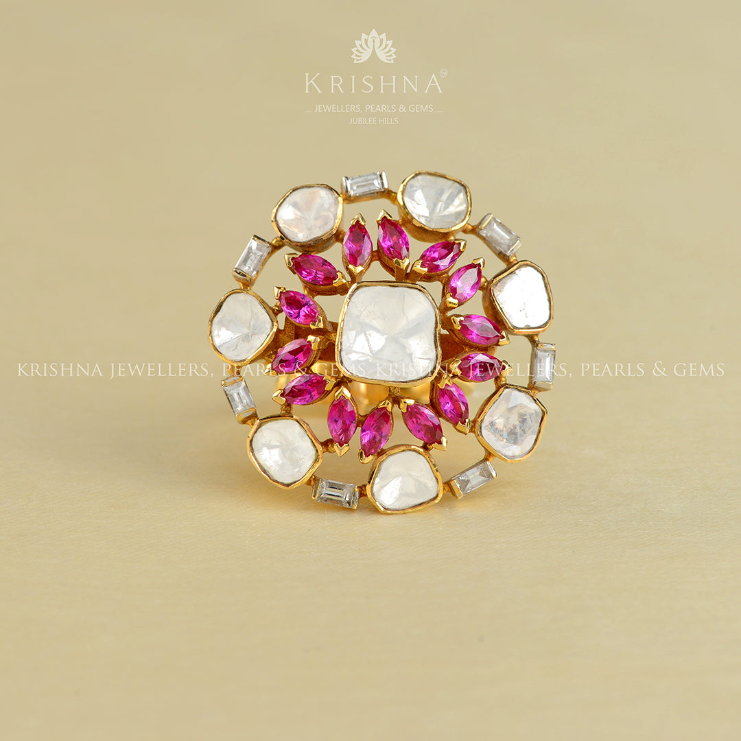 18k Polki Ruby Ring for women - Krishna Jewellers Pearls and Gems