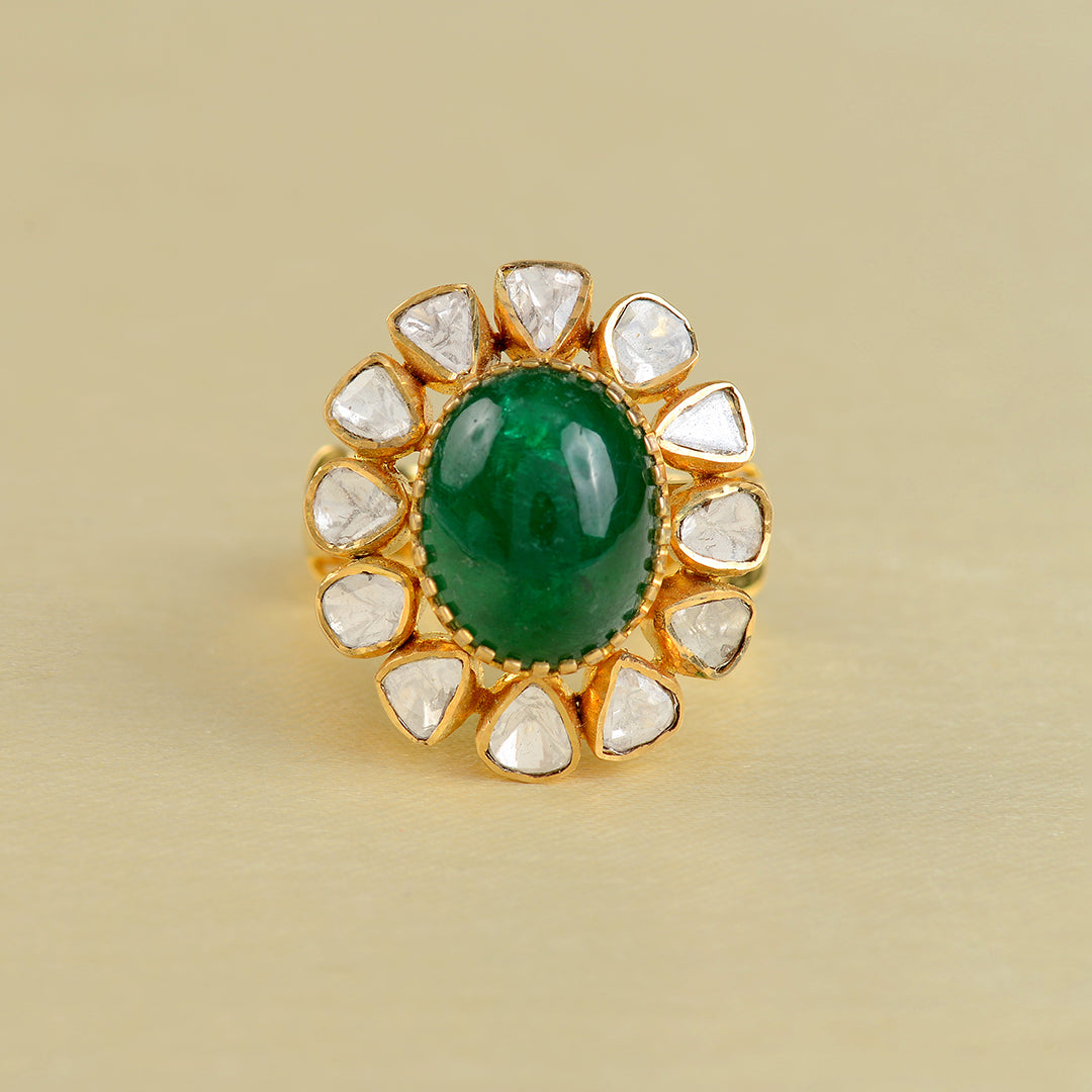 14k Gold Polki Emerald Ring - Krishna Jewellers Pearls and Gems