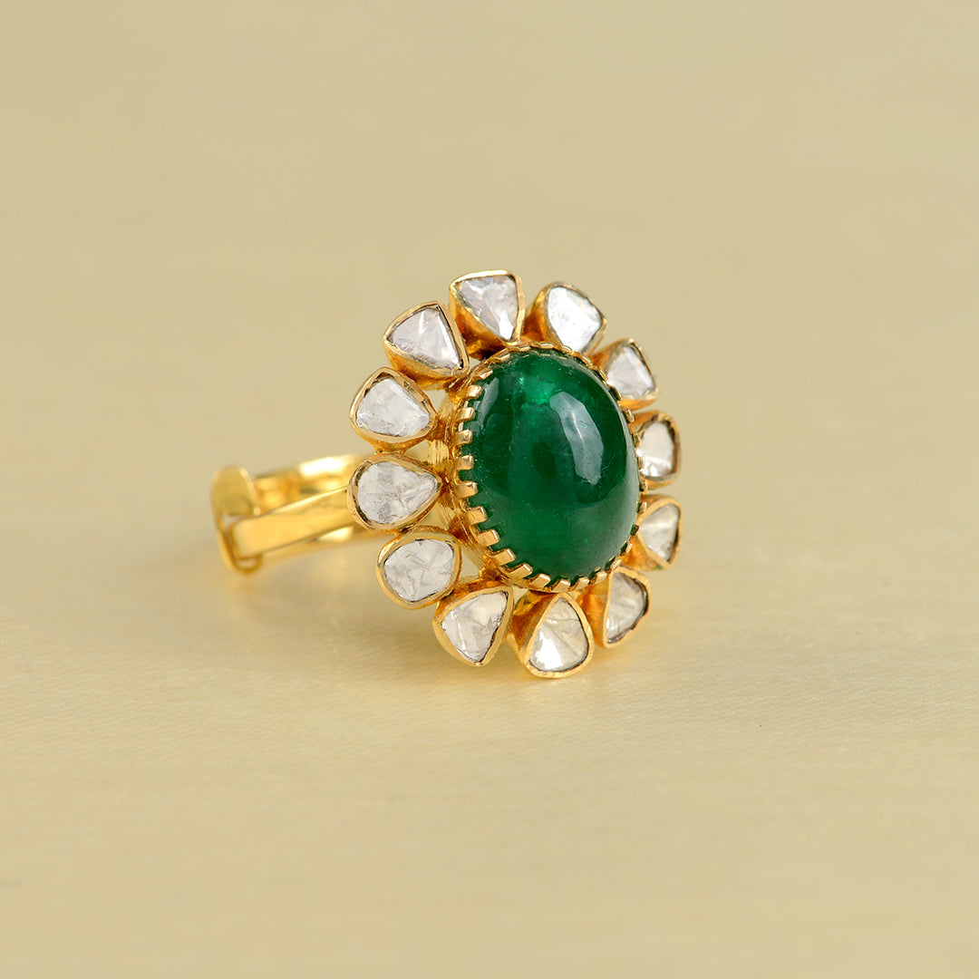 14k Gold Polki Emerald Ring - Krishna Jewellers Pearls and Gems