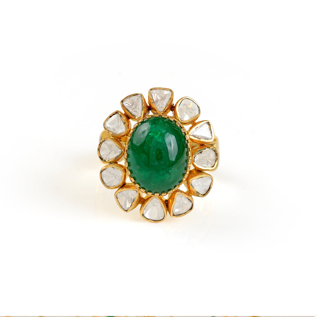14k Gold Polki Emerald Ring - Krishna Jewellers Pearls and Gems