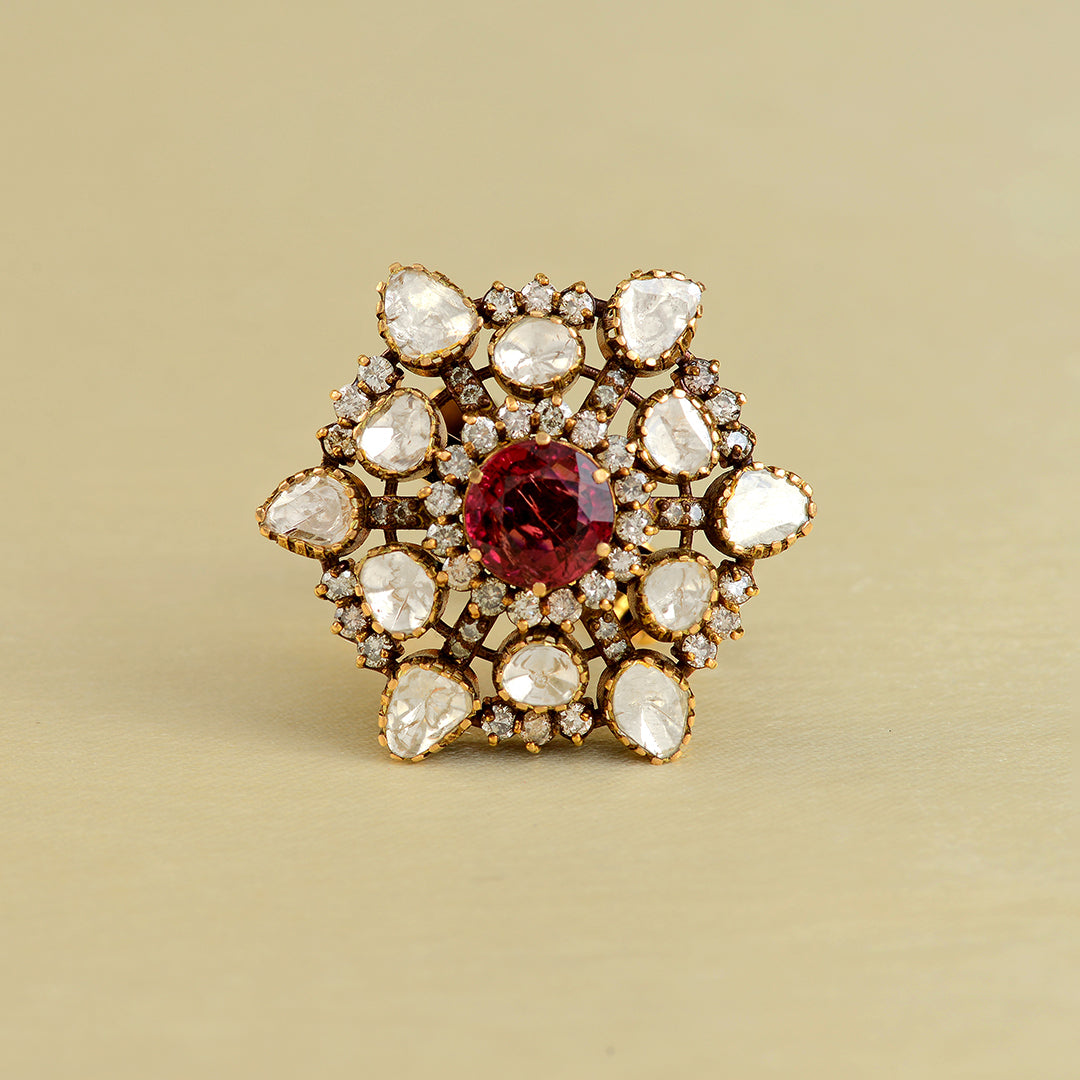 Victorian Style Polki Turmoline Ring - Krishna Jewellers Pearls and Gems