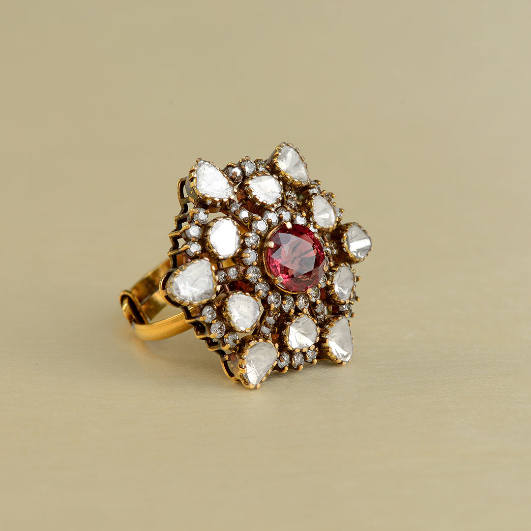 Victorian Style Polki Turmoline Ring - Krishna Jewellers Pearls and Gems
