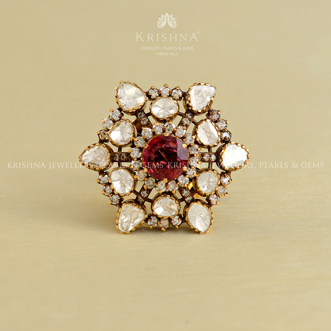 Victorian Style Polki Turmoline Ring - Krishna Jewellers Pearls and Gems