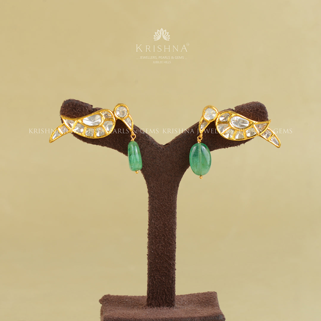 22k Gold Polki Peacocok Emerald Earrings - Krishna Jewellers Pearls and Gems