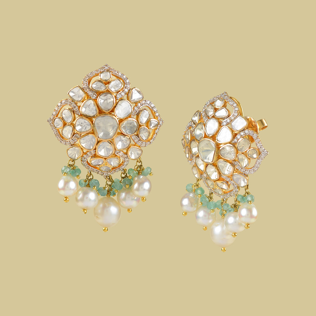 Gold Polki Pearl Emerald Studed Earrings - Krishna Jewellers Pearls and Gems