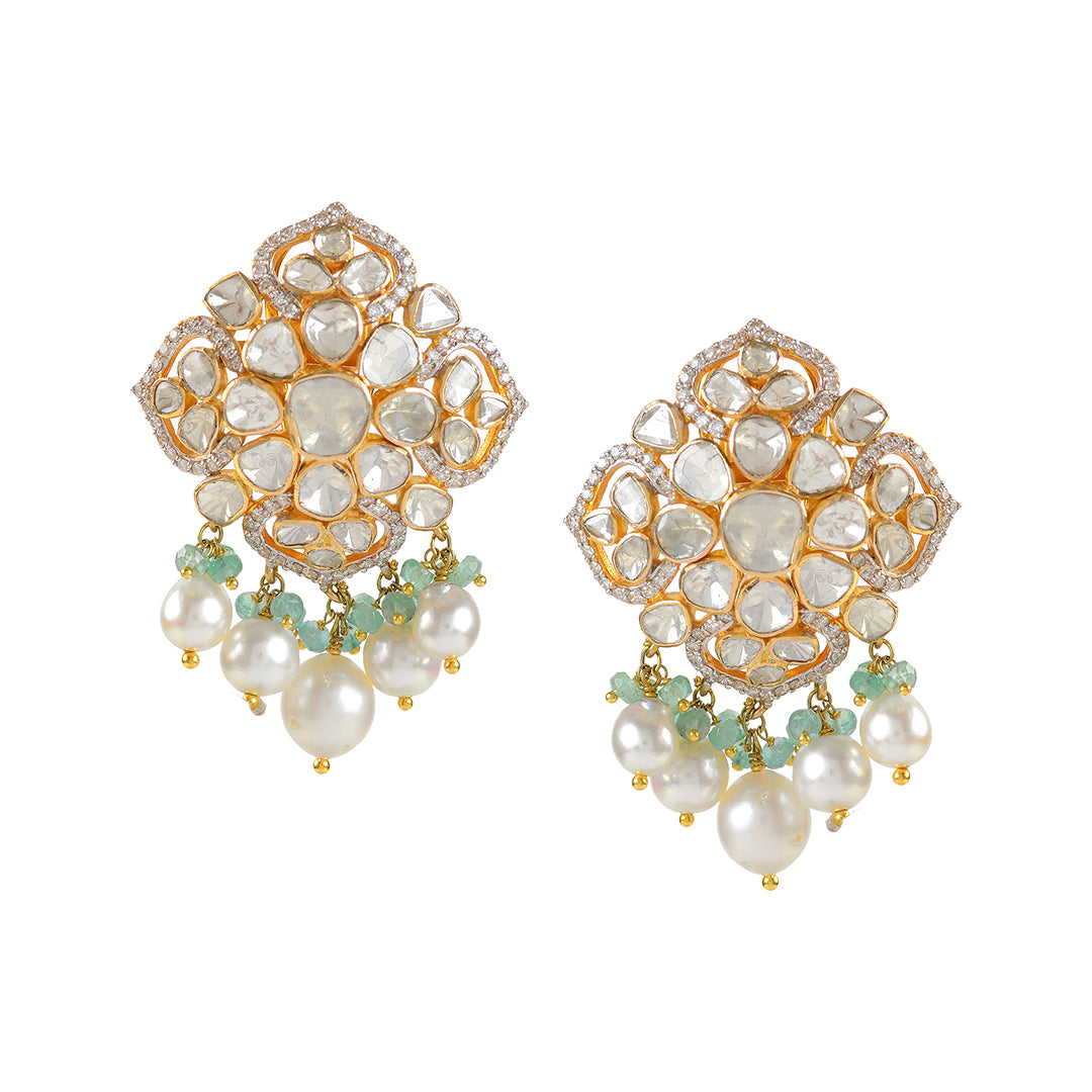 Gold Polki Pearl Emerald Studed Earrings - Krishna Jewellers Pearls and Gems