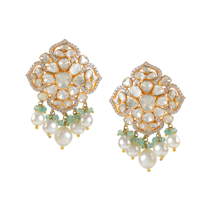 Gold Polki Pearl Emerald Studed Earrings - Krishna Jewellers Pearls and Gems