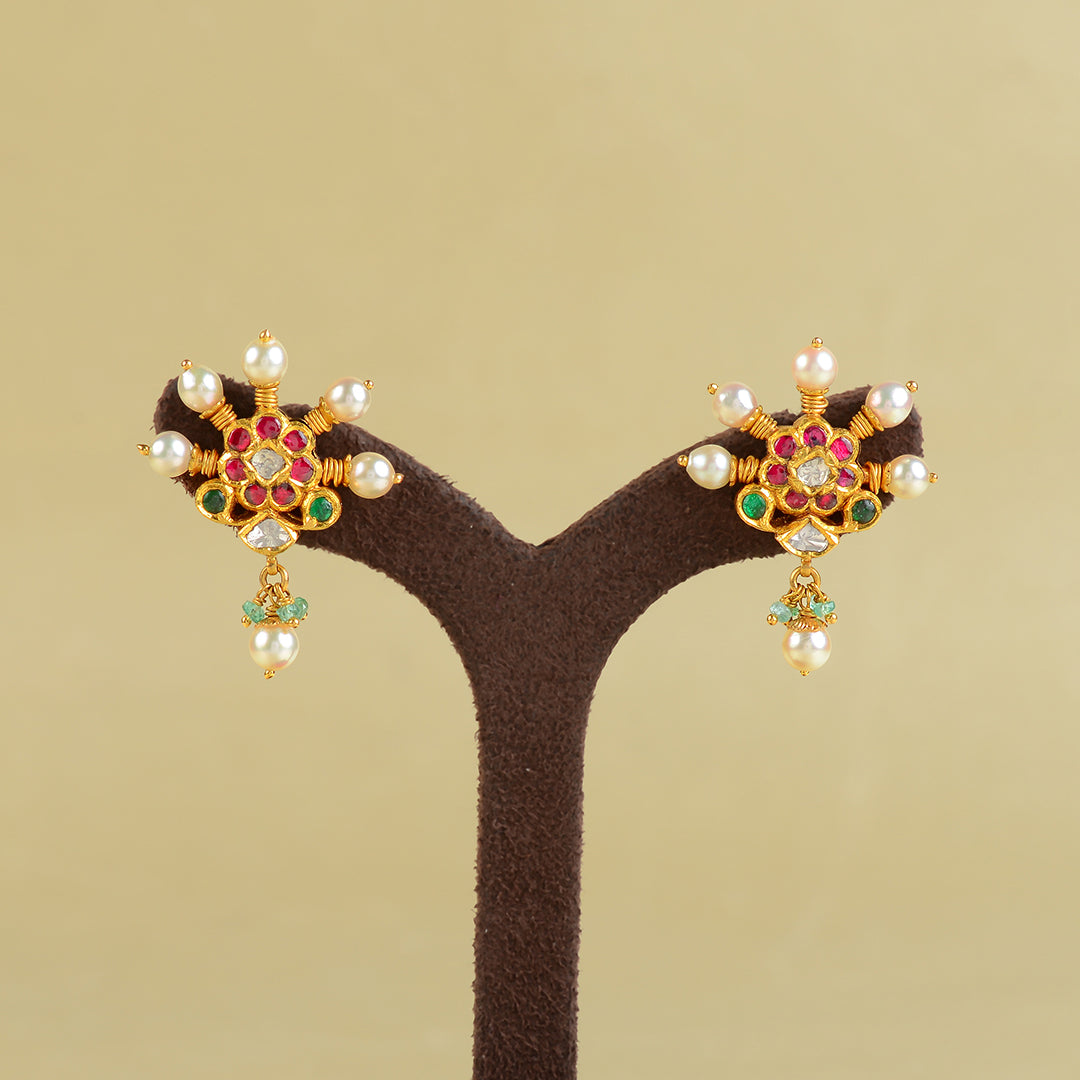 Gold Polki Hanging Earrings - Krishna Jewellers Pearls and Gems