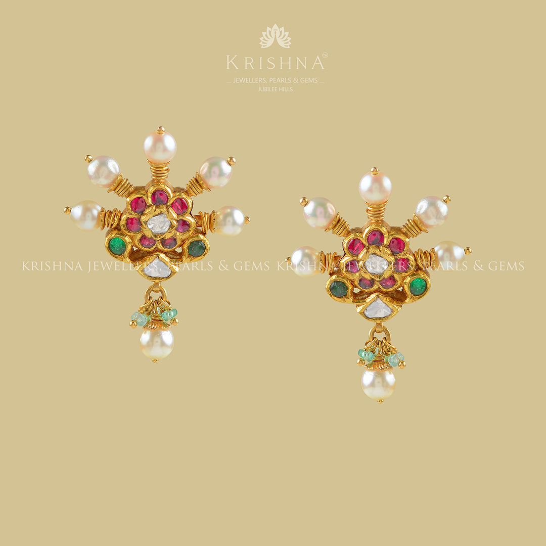 Gold Polki Hanging Earrings - Krishna Jewellers Pearls and Gems