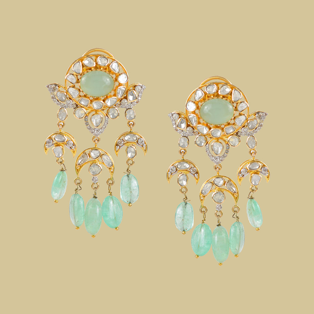 14k Gold Polki Emerald Hanging Earrings - Krishna Jewellers Pearls and Gems