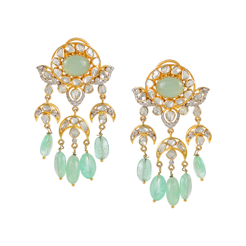14k gold polki emerald hanging earrings showing the uneven organic sparkle of genuine uncut diamonds
