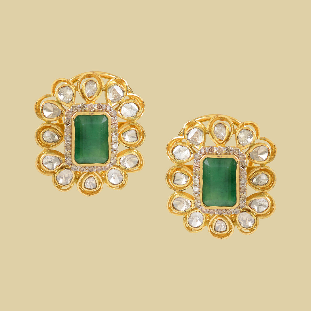 Polki Studed Earrings Crafted with Emerald - Krishna Jewellers Pearls and Gems