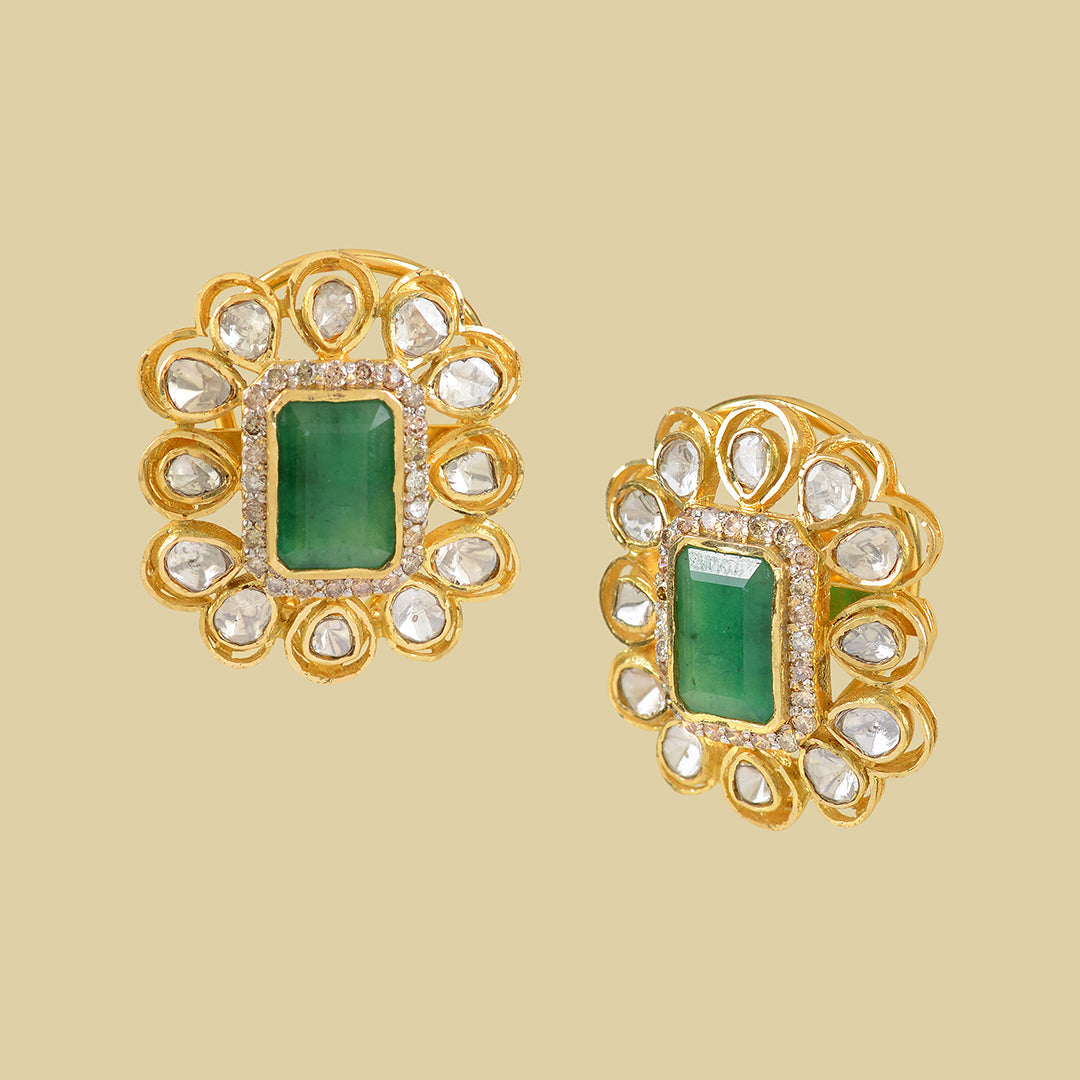 Polki Studed Earrings Crafted with Emerald - Krishna Jewellers Pearls and Gems
