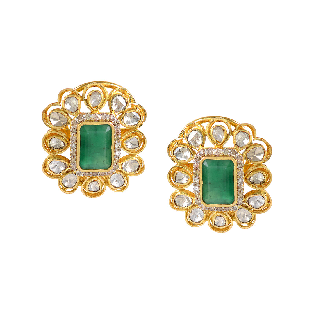 Polki Studed Earrings Crafted with Emerald - Krishna Jewellers Pearls and Gems