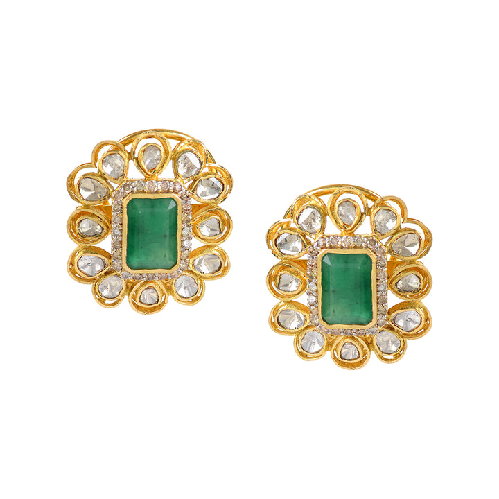 Polki Studed Earrings Crafted with Emerald - Krishna Jewellers Pearls and Gems