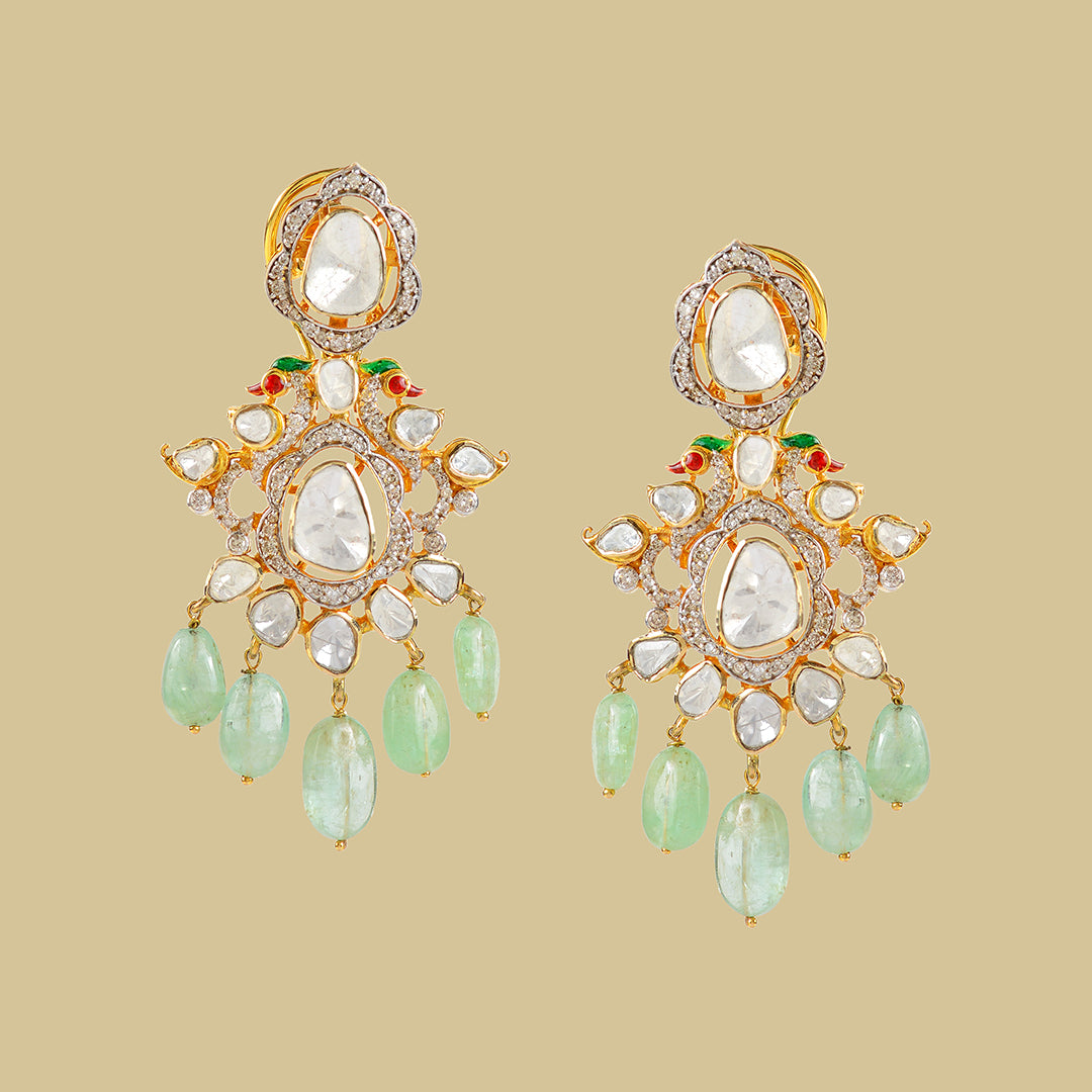 Emerald Polki Hanging Earrings - Krishna Jewellers Pearls and Gems