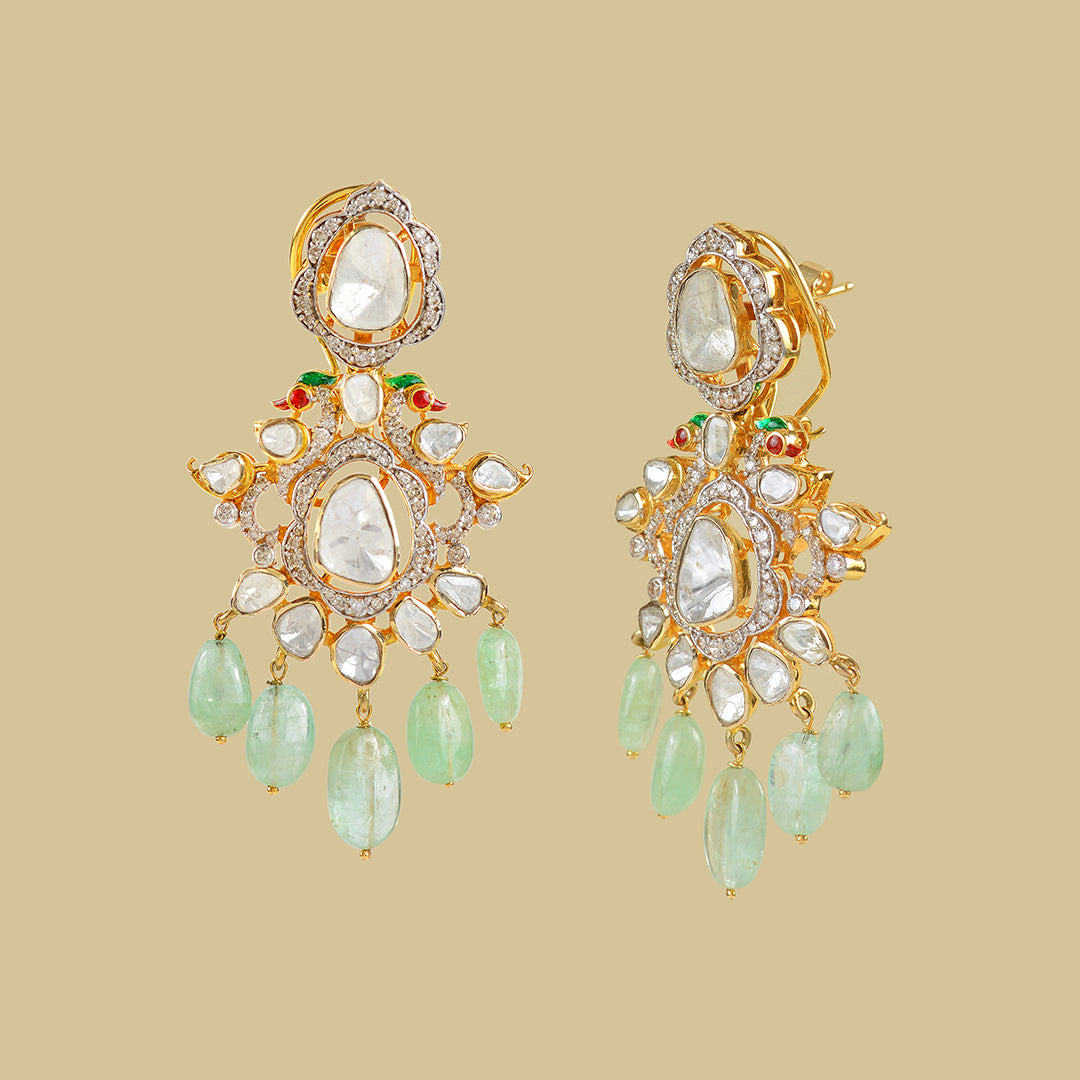 Emerald Polki Hanging Earrings - Krishna Jewellers Pearls and Gems