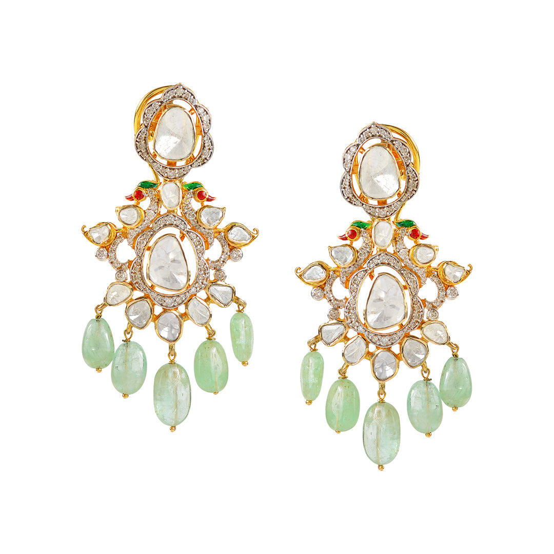 Emerald Polki Hanging Earrings - Krishna Jewellers Pearls and Gems