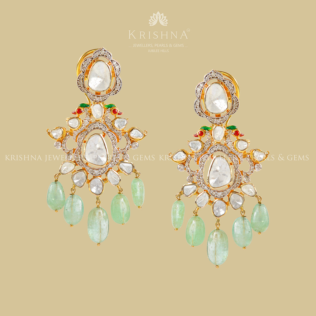 Emerald Polki Hanging Earrings - Krishna Jewellers Pearls and Gems