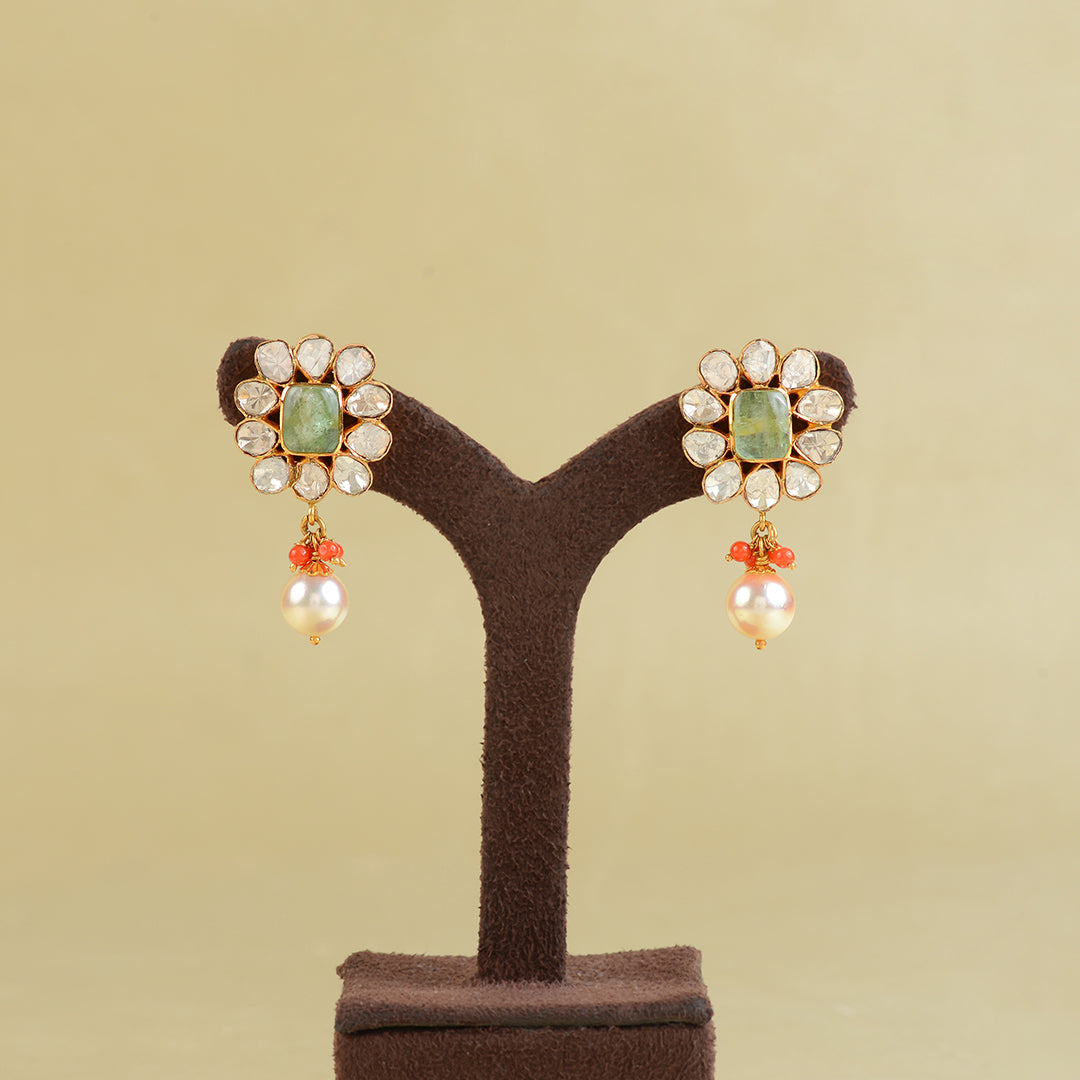 22K Gold Coral Emerald Pearl Earrings - Krishna Jewellers Pearls and Gems
