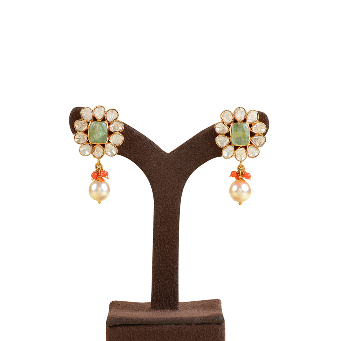22K Gold Coral Emerald Pearl Earrings - Krishna Jewellers Pearls and Gems