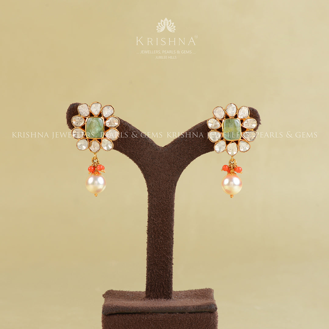 22K Gold Coral Emerald Pearl Earrings - Krishna Jewellers Pearls and Gems
