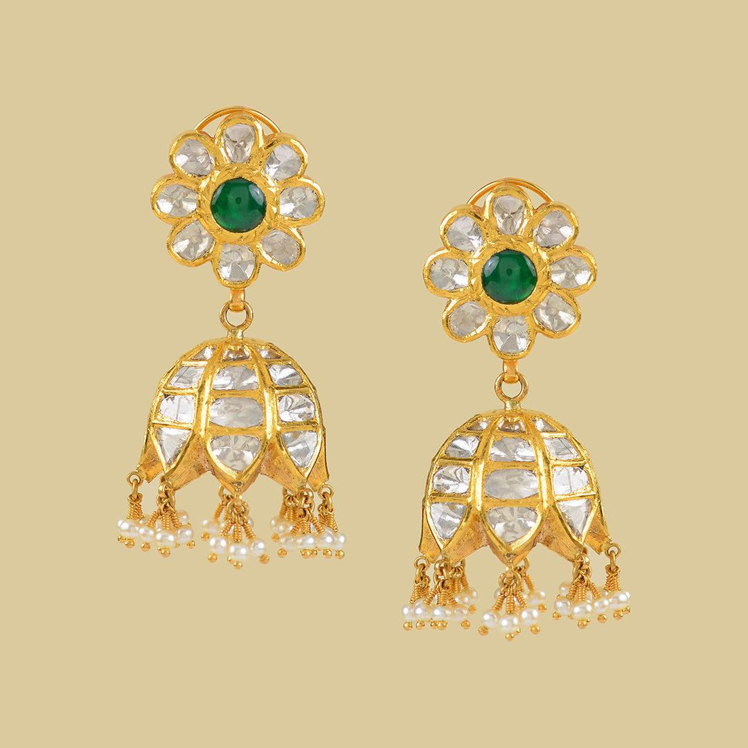 22k Gold Polki Jhumka Earrings - Krishna Jewellers Pearls and Gems