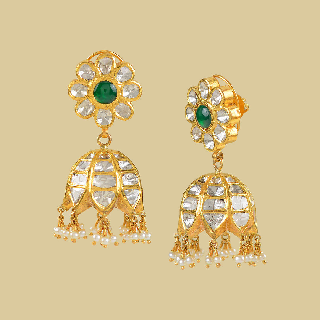 22k Gold Polki Jhumka Earrings - Krishna Jewellers Pearls and Gems