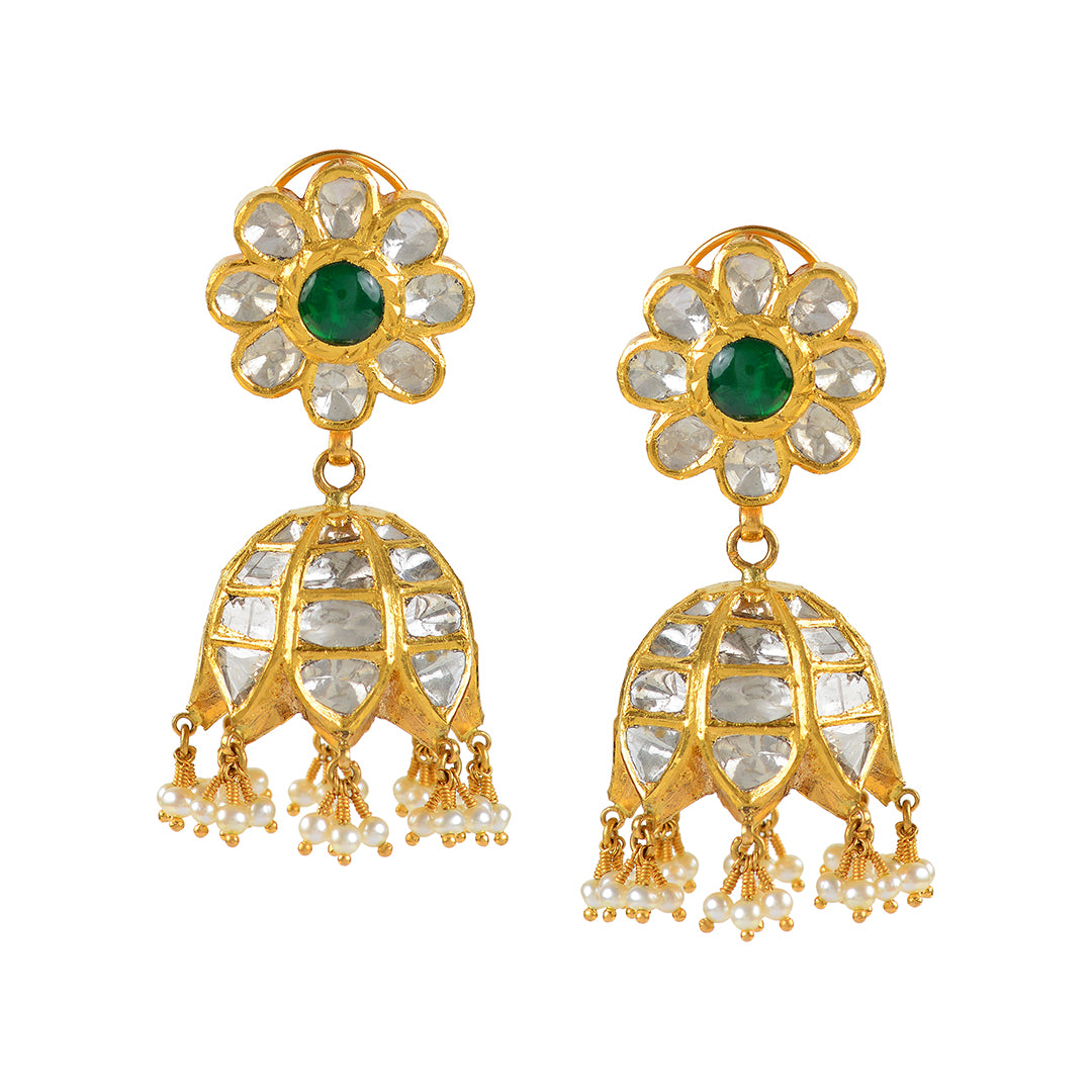 22k Gold Polki Jhumka Earrings - Krishna Jewellers Pearls and Gems