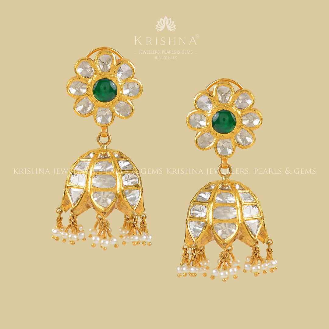 22k Gold Polki Jhumka Earrings - Krishna Jewellers Pearls and Gems