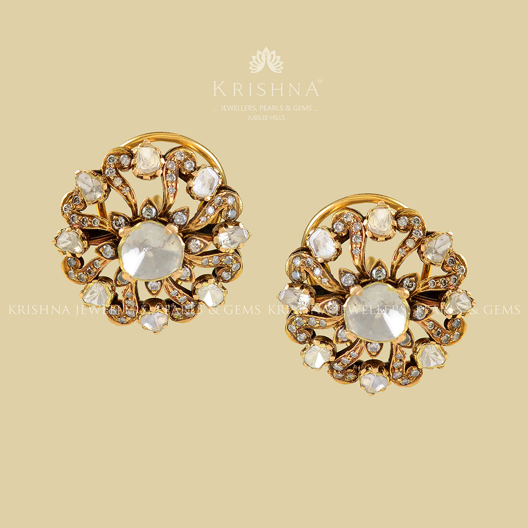 18k Victorian Studed Polki Earrings - Krishna Jewellers Pearls and Gems